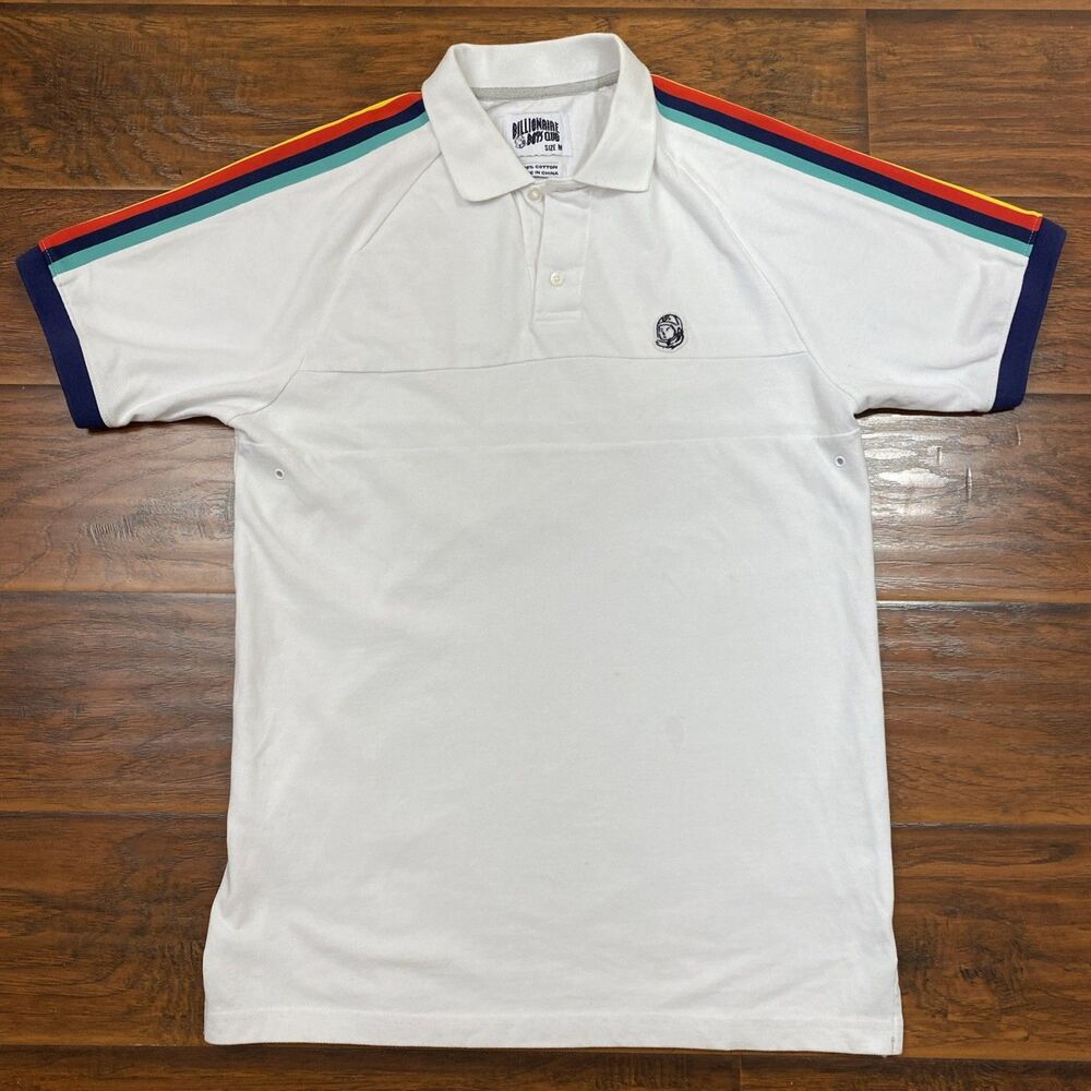 Billionaire Boys Club BBC Polo Shirt Mens M White Astronaut Logo Stripe Sleeve